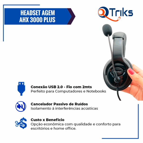 Headset USB Voip C/ Cancelador de Ruído - AGEM AHX-3000 PLUS - Imagem 2