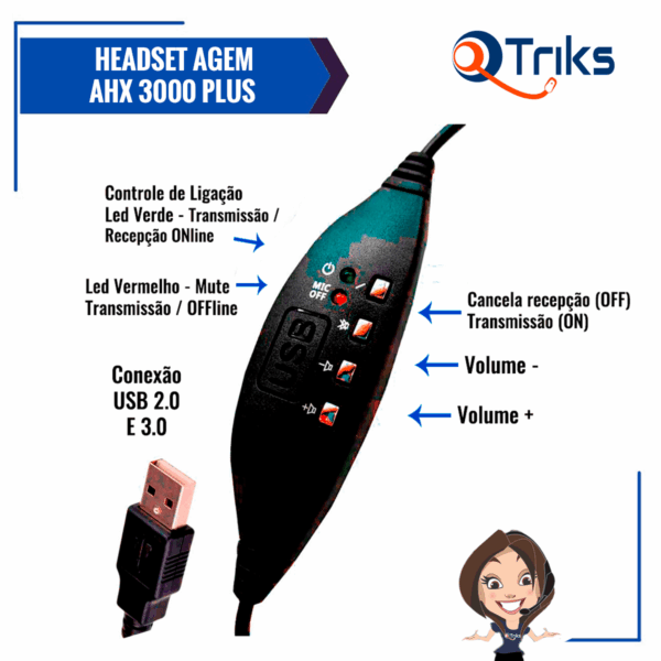 Headset USB Voip C/ Cancelador de Ruído - AGEM AHX-3000 PLUS - Imagem 6
