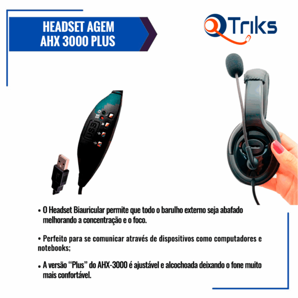 Headset USB Voip C/ Cancelador de Ruído - AGEM AHX-3000 PLUS - Imagem 3