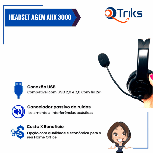 Kit 10 Headsets USB Voip C/Cancelador de Ruído AGEM AHX-3000 - Imagem 2